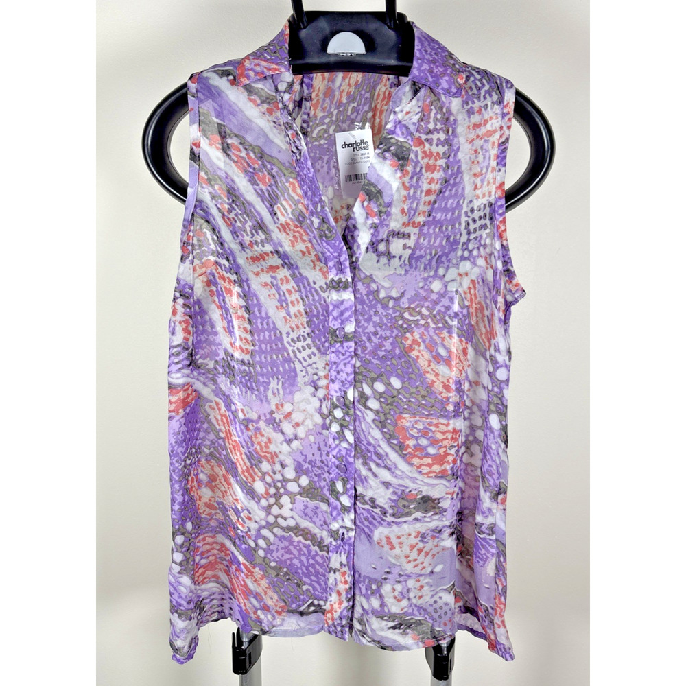 NWT Charlotte Russe Sleeveless Purple Print Sheer Button Up Top Key Hole Women S